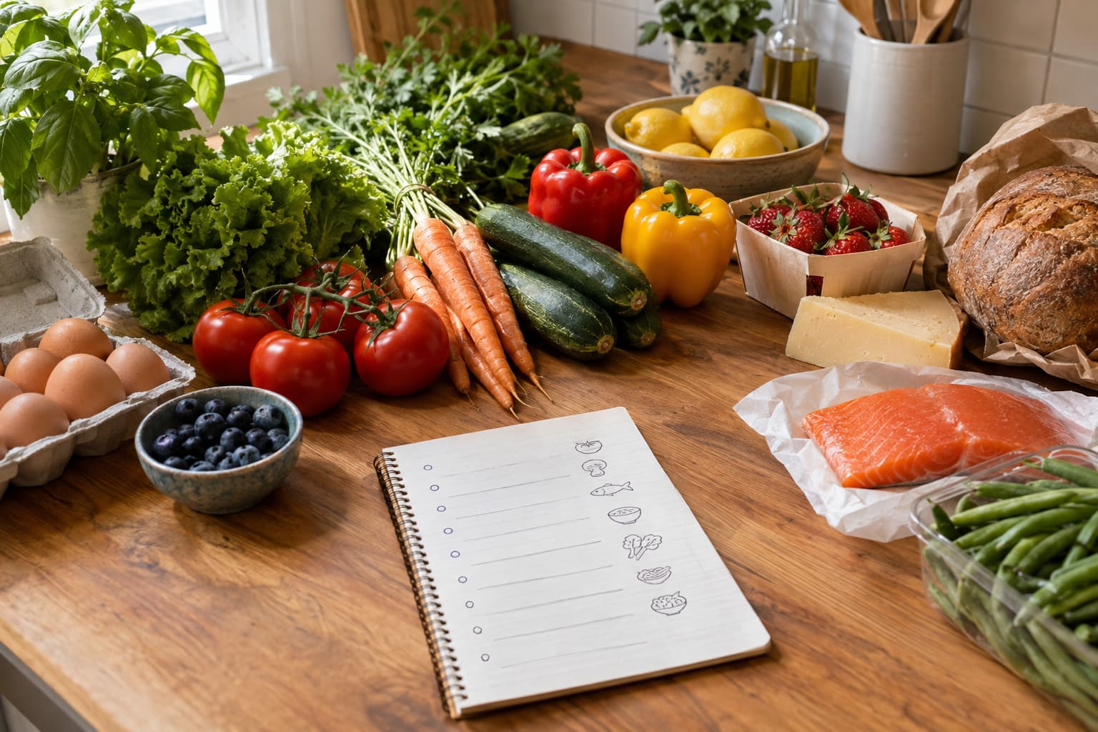 A weekly dinner plan written out beside a shopping list and fresh groceries on a kitchen counter, for a Herbi meal planning app review