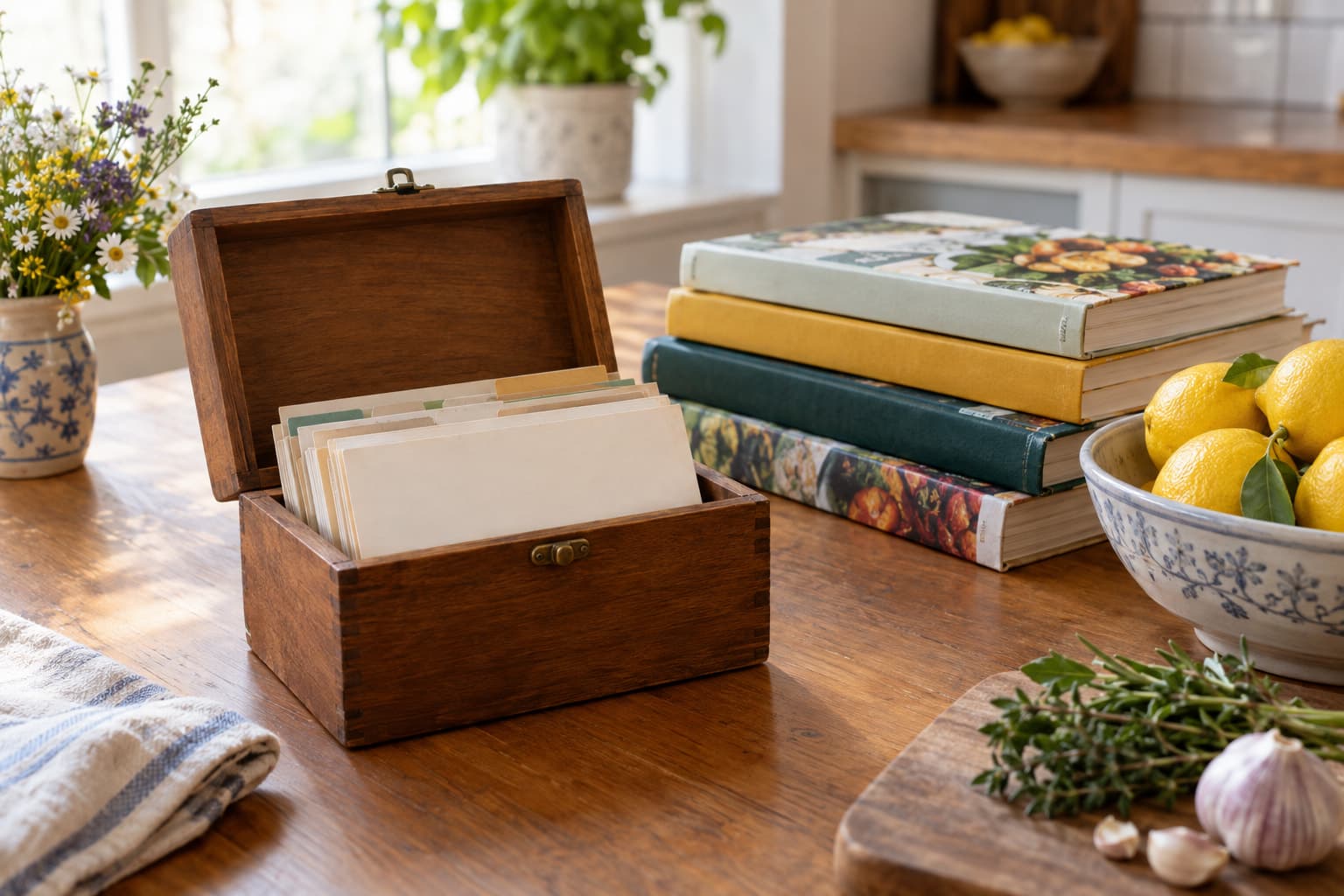 A tidy wooden recipe box, a stack of cookbooks and a bowl of lemons on a kitchen table, showing how to organize recipes