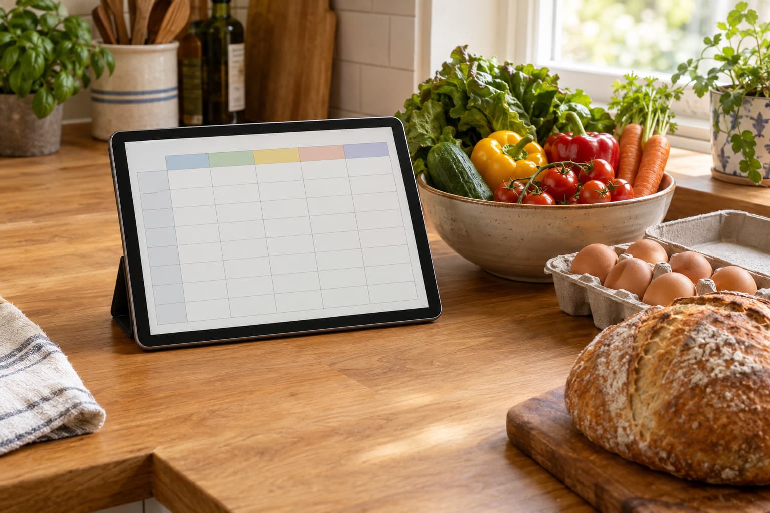 A tablet on a kitchen counter showing a plain weekly meal planner grid beside fresh vegetables, eggs and a loaf of bread