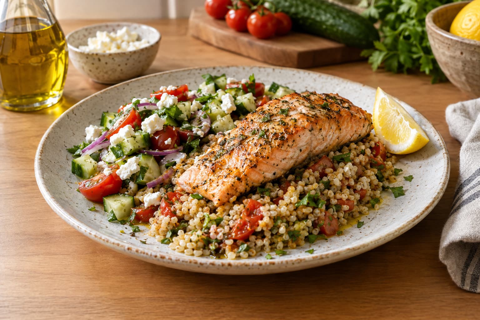 A Mediterranean-style dinner of baked fish, grains, tomatoes and feta on a kitchen table, for a meal planning app for Mediterranean diet cooking