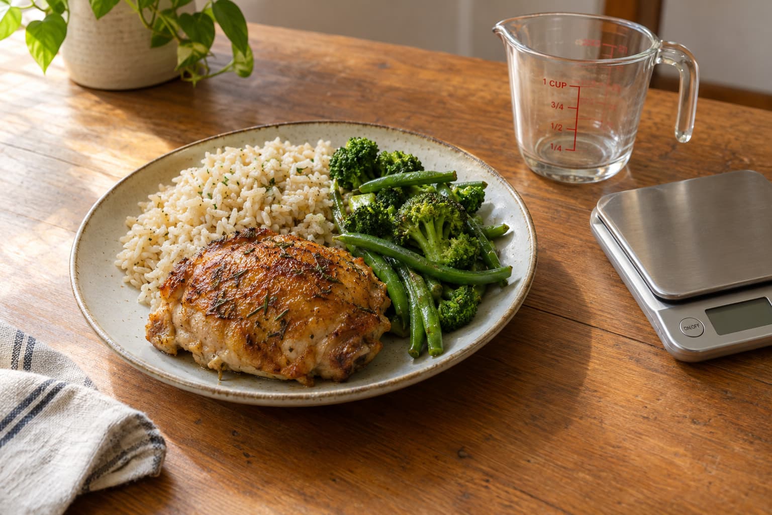 A plate of roasted chicken, rice and green vegetables on a kitchen table beside a measuring cup and a kitchen scale