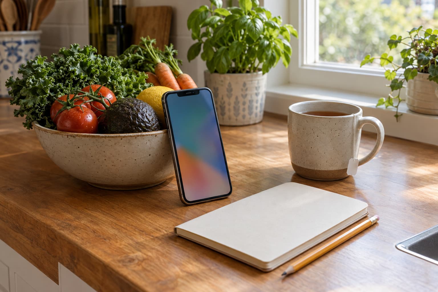 A smartphone leaning against a bowl of fresh produce on a kitchen counter, with a notebook and pencil nearby for planning free meals
