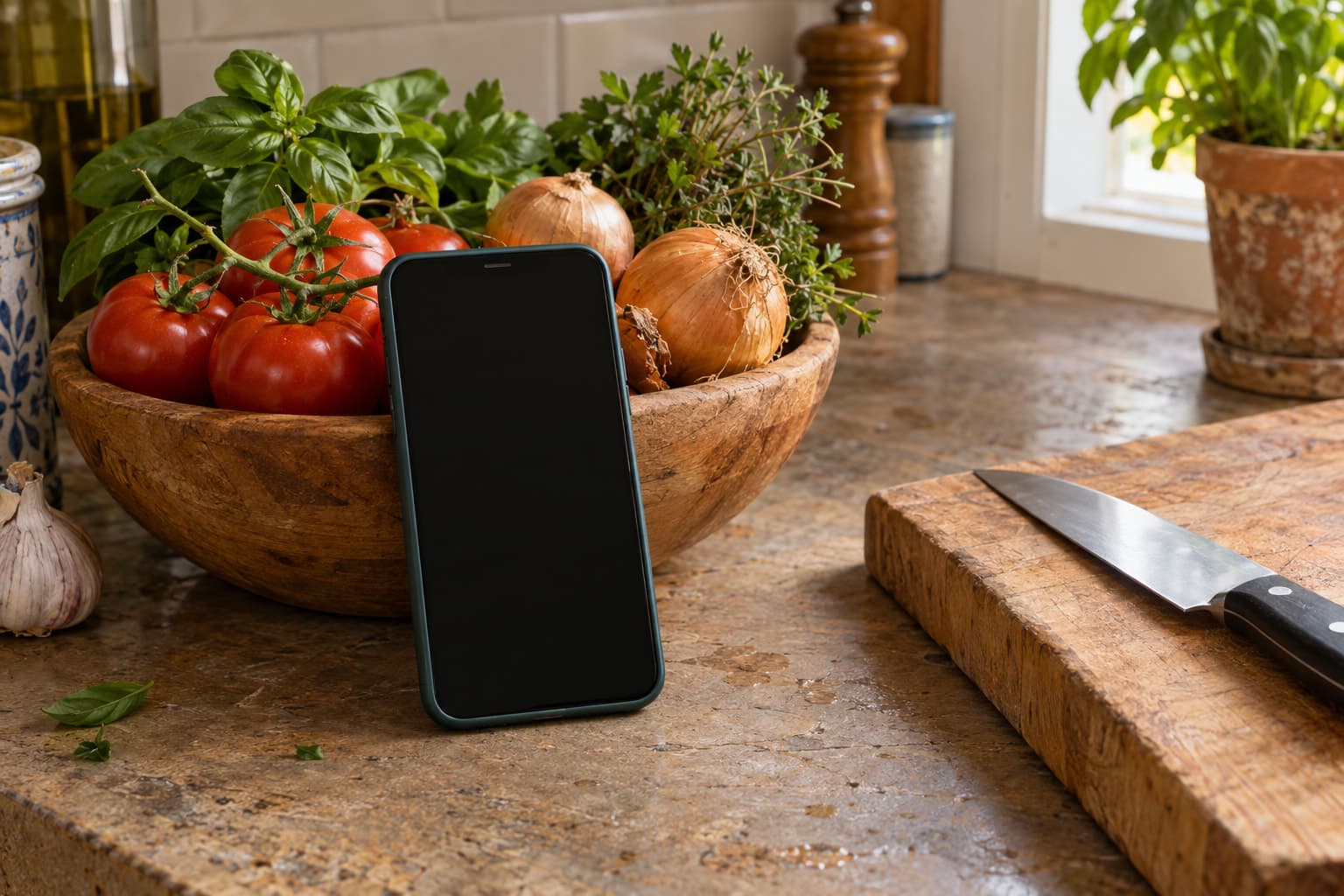 A phone propped against a bowl of vegetables on a kitchen counter, ready for a recipe app