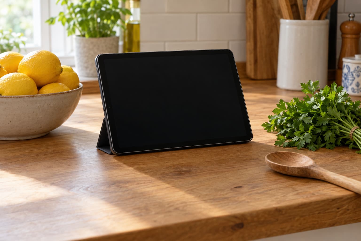 A tablet on a kitchen counter next to fresh vegetables, showing a free recipe app in the kitchen
