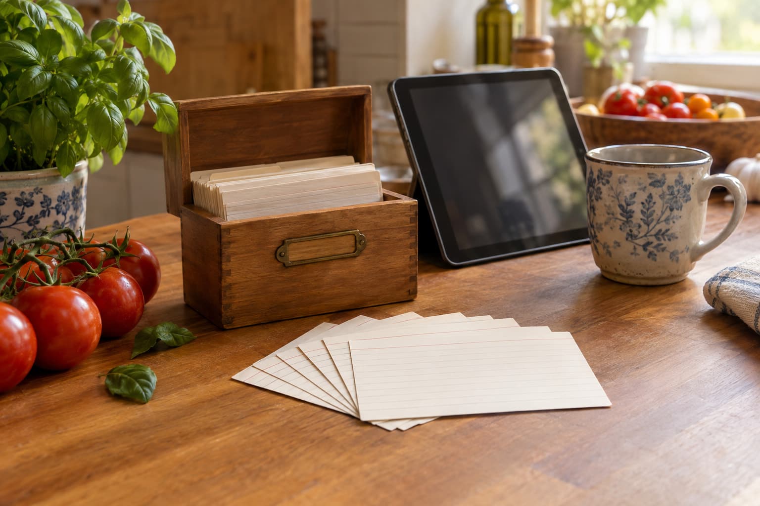 A wooden recipe box with blank index cards beside a tablet on a kitchen counter, a recipe keeper app free to start with