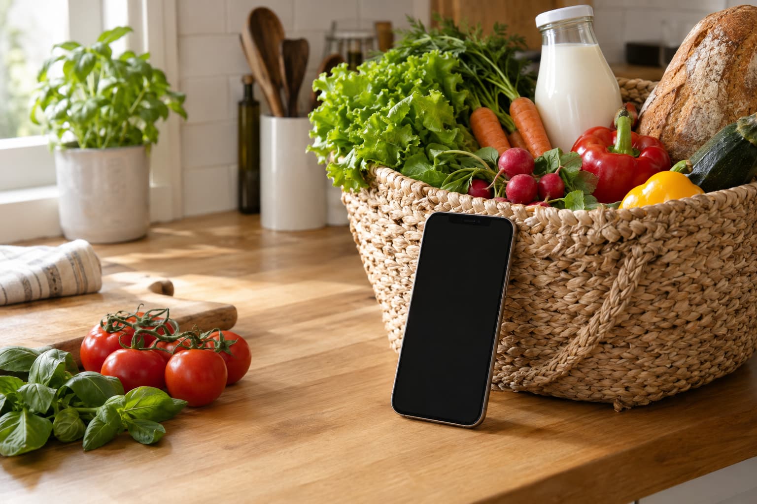 A phone on a kitchen counter next to a shopping basket of groceries, representing a shared grocery list app with a widget