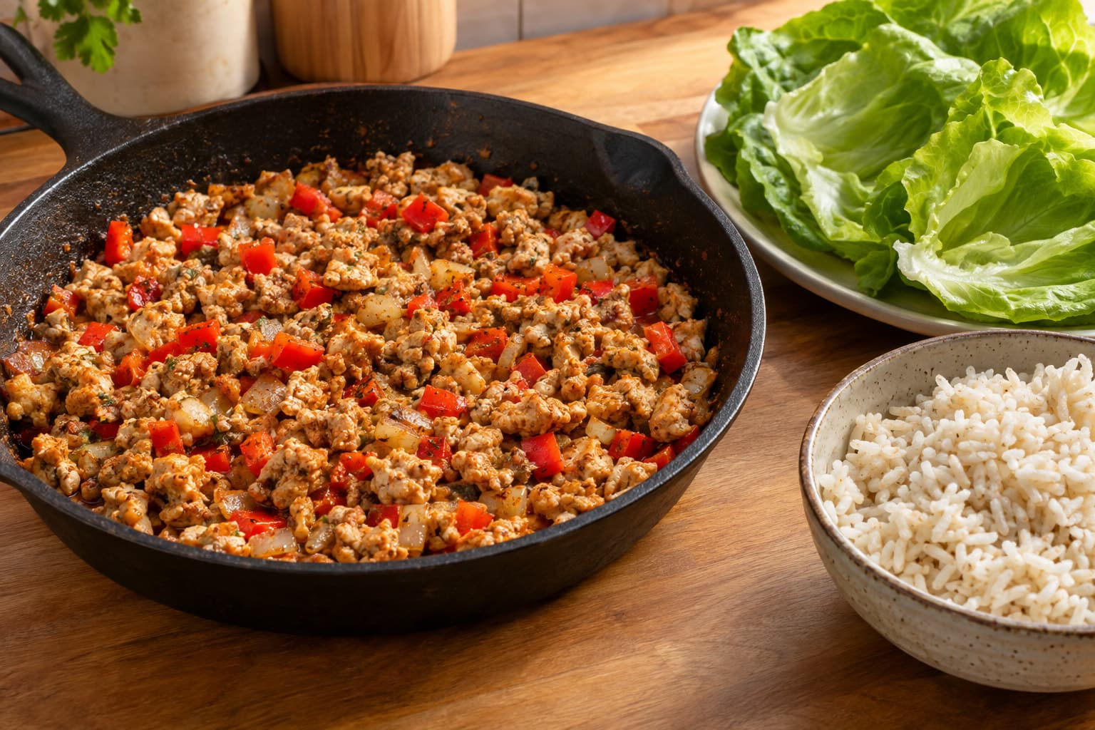 A skillet of browned ground chicken with onions and peppers on a kitchen counter, used for ground chicken dinner ideas