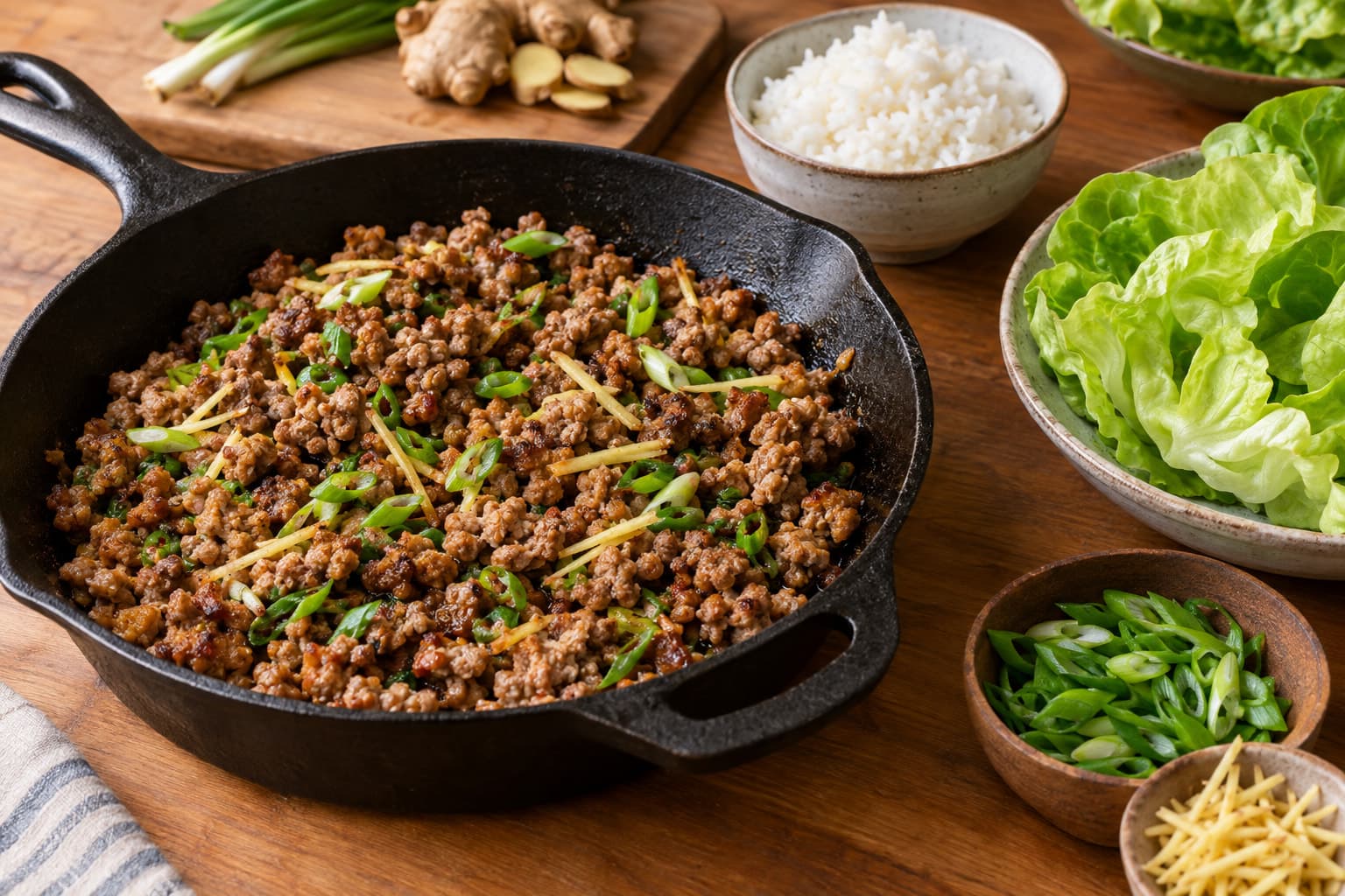 Browned ground pork in a cast iron skillet with scallions and ginger, used for ground pork dinner ideas