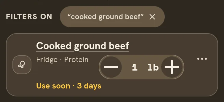 Cooked ground beef, 1 lb, in the fridge in Well Stockd, marked Use soon in 3 days.